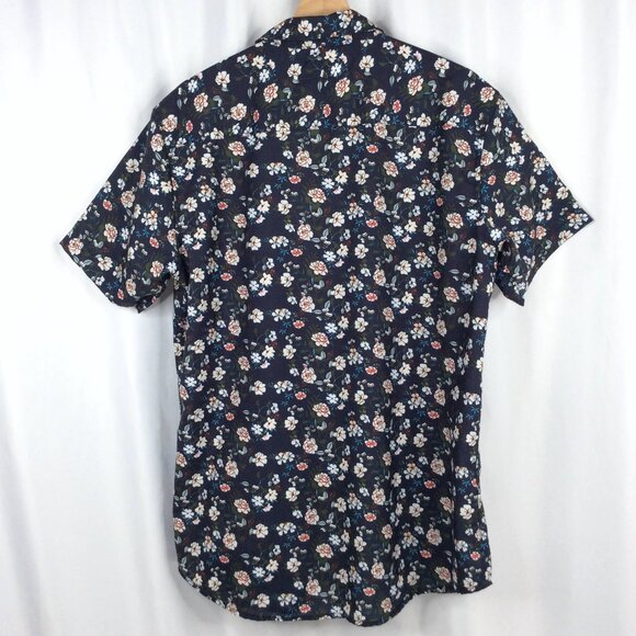 Bowery & Broome Floral Short Sleeve Button Down Shirt Mens Size Large Navy Blue - Picture 2 of 4